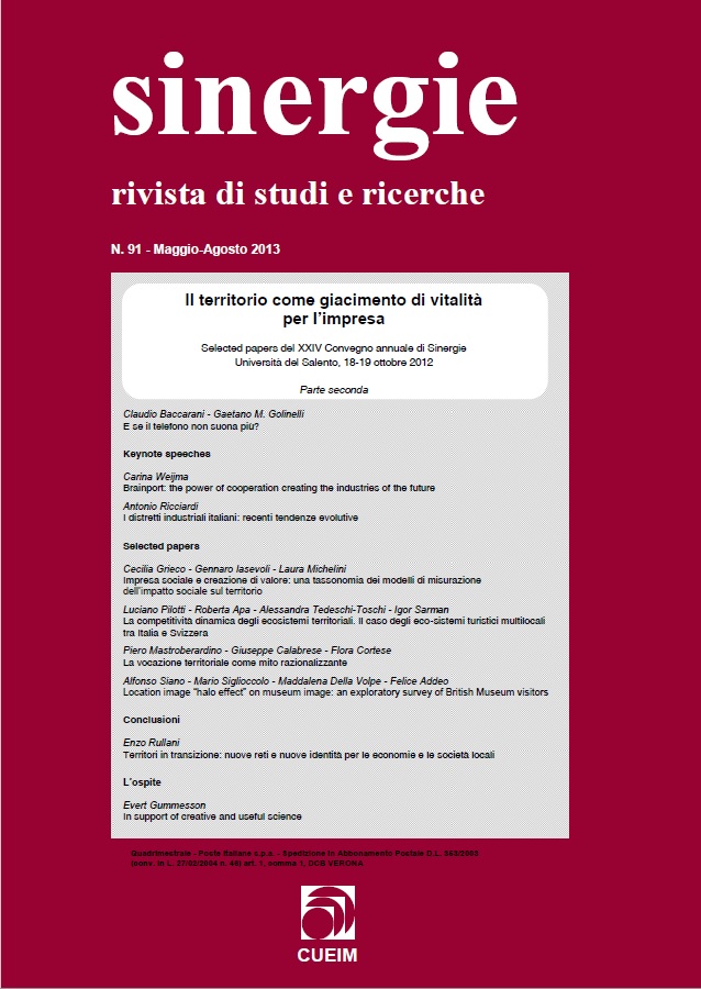 					View Vol. 31 No. May-Aug (2013): Il territorio come giacimento di vitalità per l'impresa (The territory as deposit of vitality for company) - section II
				