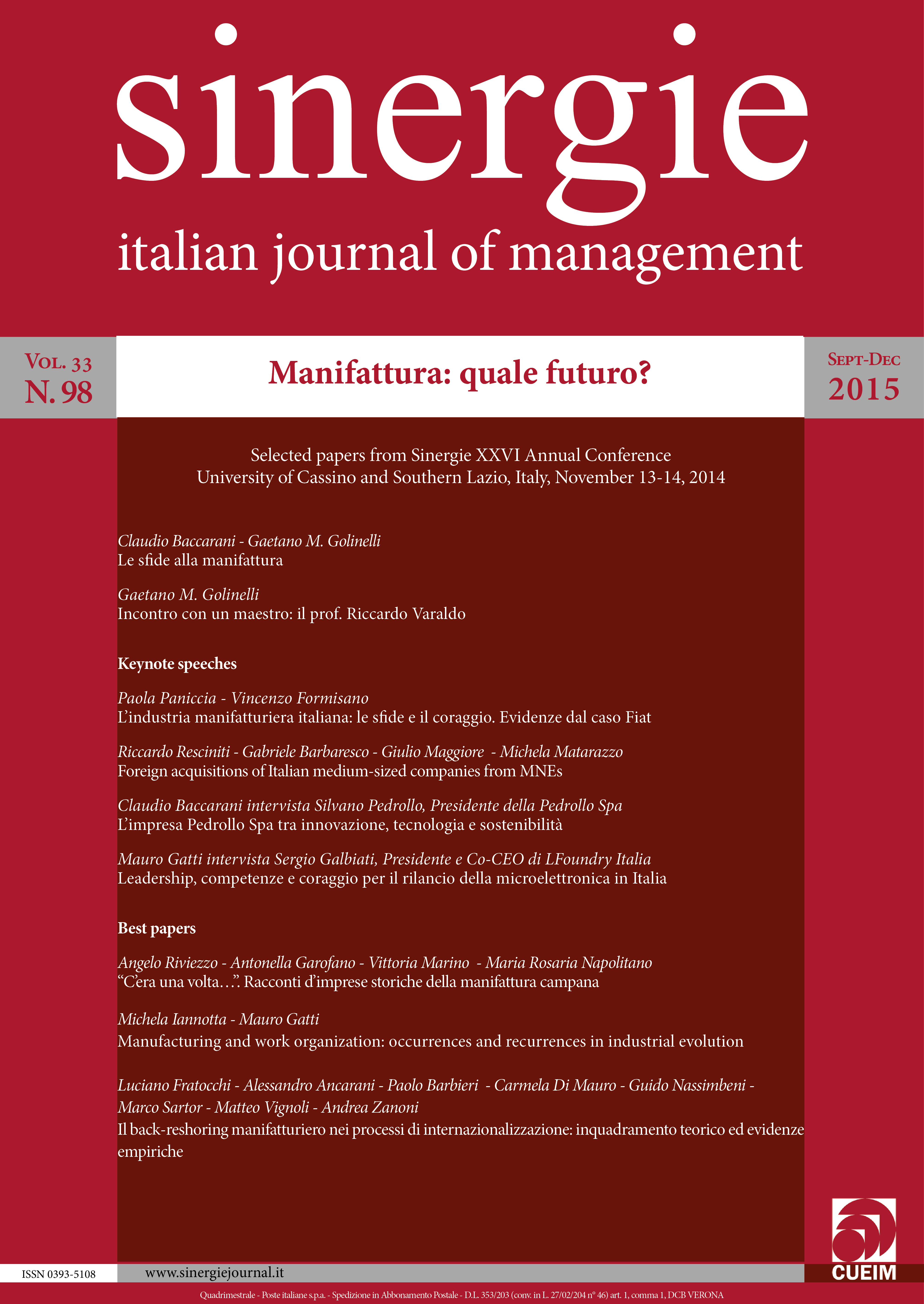 					View Vol. 33 No. Sep-Dec (2015): Manifattura: quale futuro? (Manufacturing: what is the future?)
				