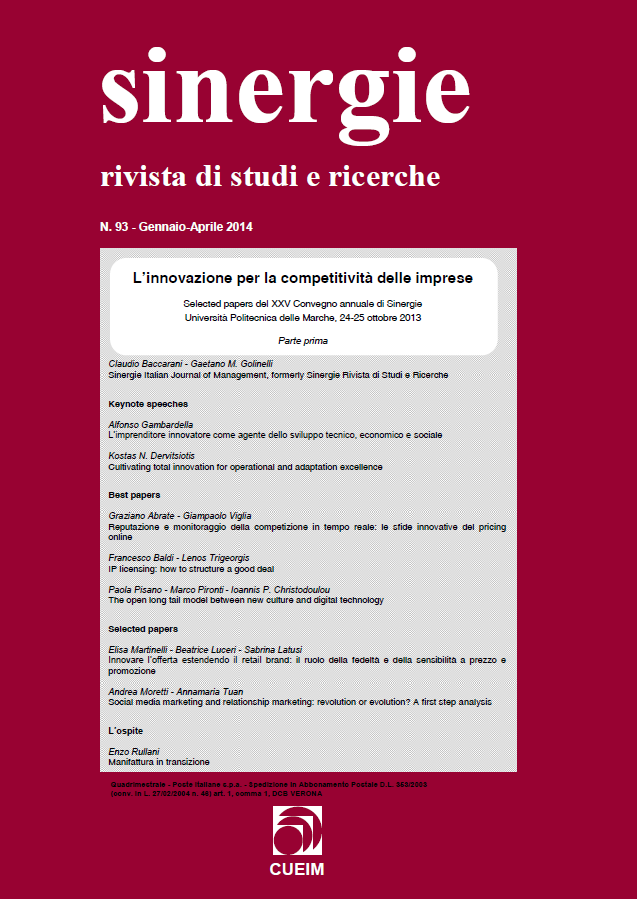 					View Vol. 32 No. Jan-Apr (2014): L'innovazione per la competitività delle imprese (Innovation for the business competitiveness) - Section I
				