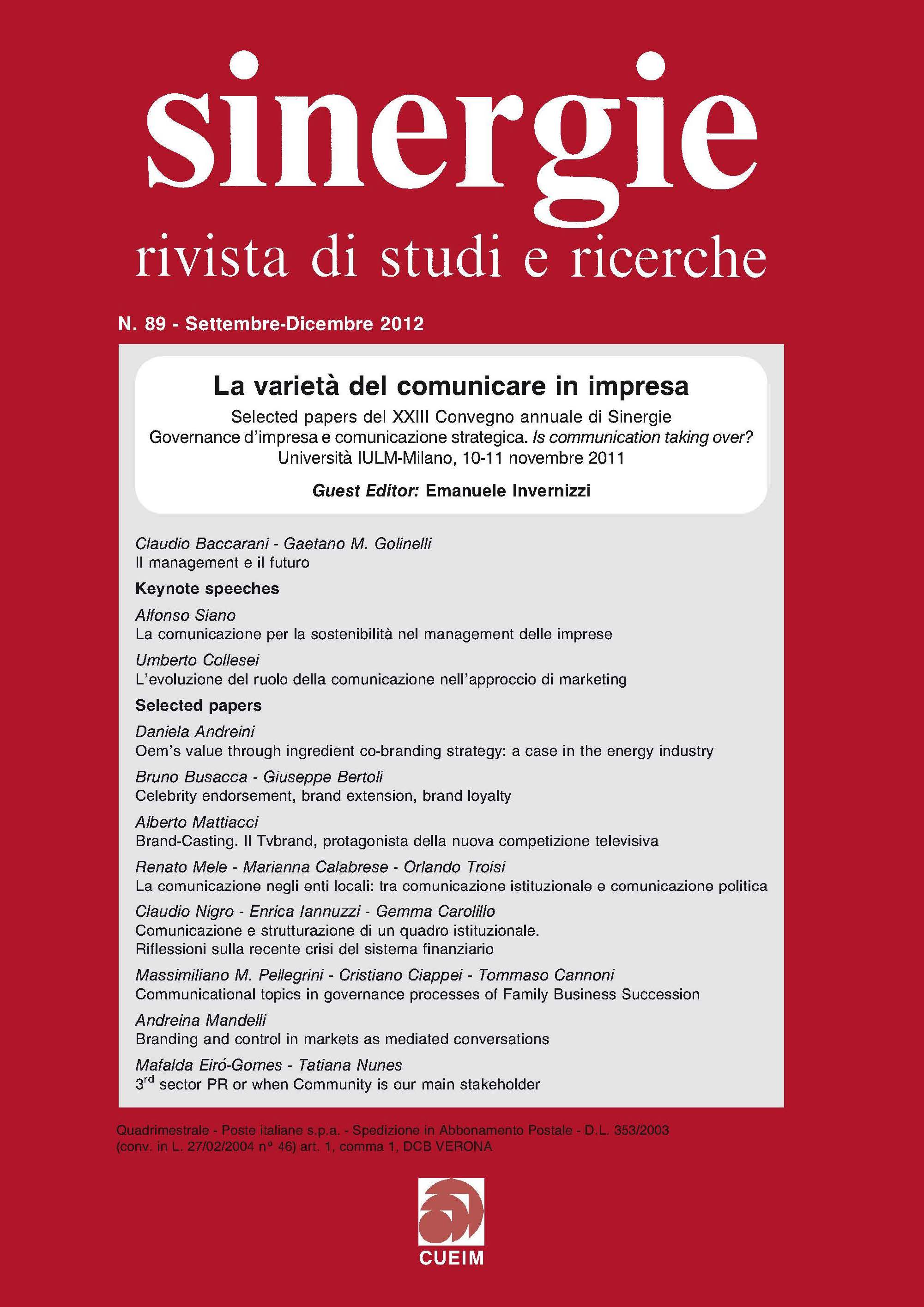 					View Vol. 30 No. Sep-Dec (2012): La varietà del comunicare in impresa (The variety of business communication)
				