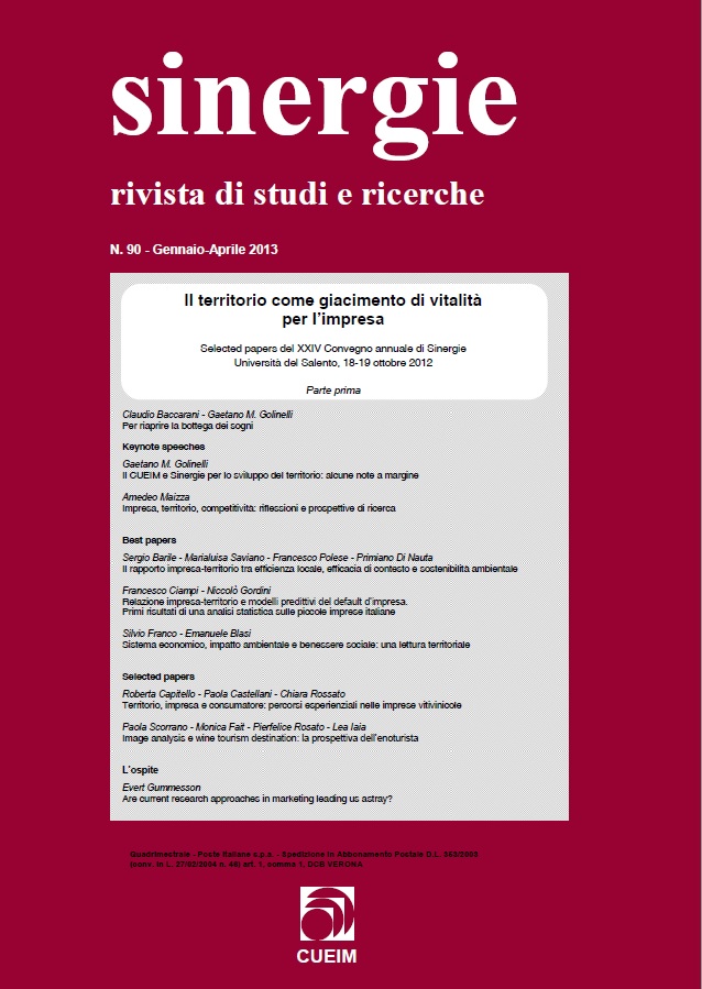 					View Vol. 31 No. Jan-Apr (2013): Il territorio come giacimento di vitalità per l'impresa (The territory as deposit of vitality for company) - section I
				
